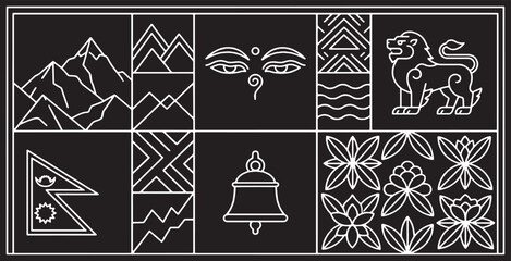 Collection of Nepali cultural symbols and icons in a minimalist line art style. © Riki