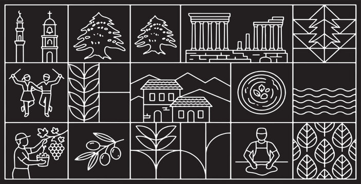A collage of stylized line art icons representing Lebanese culture, landmarks, and nature.