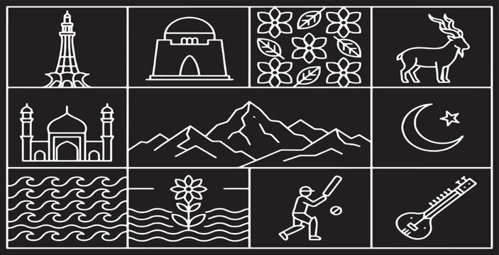 Collection of Pakistani cultural icons and landmarks in a minimalist line art style.