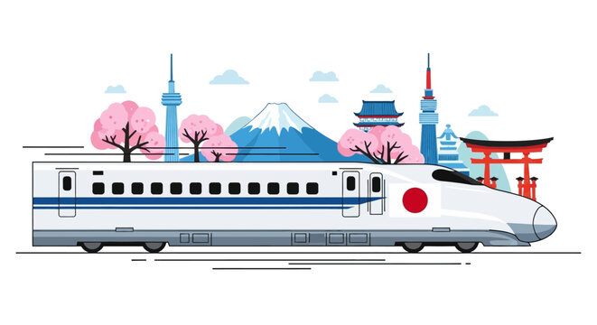 Japanese Bullet Train Shinkansen with Mount Fuji and Cherry Blossoms