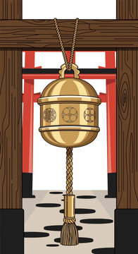Japanese Shinto Shrine Bell with Torii Gate Background