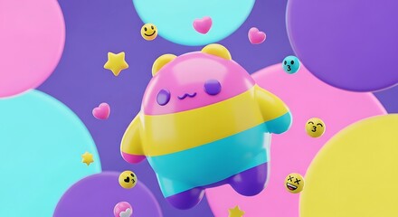 Fototapeta premium Playful Rainbow Creature Floating Amid Colorful Balloons.