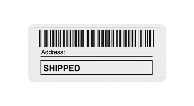 A white rectangular shipping label with a barcode, an address line, and the word 'SHIPPED' prominently displayed in a box.