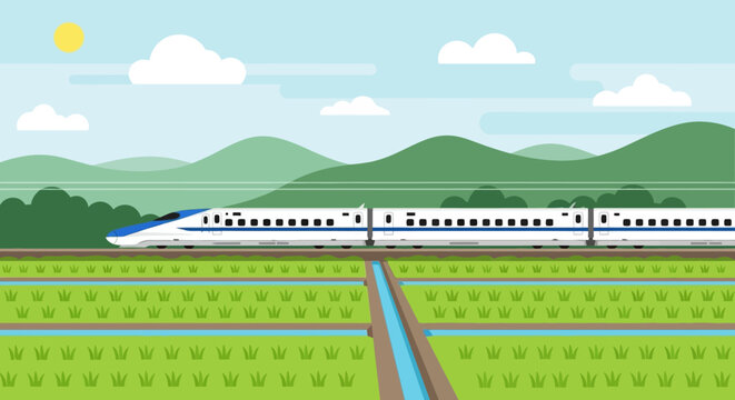 Flat Illustration of a High Speed Bullet Train Passing Through Japanese Rice Fields