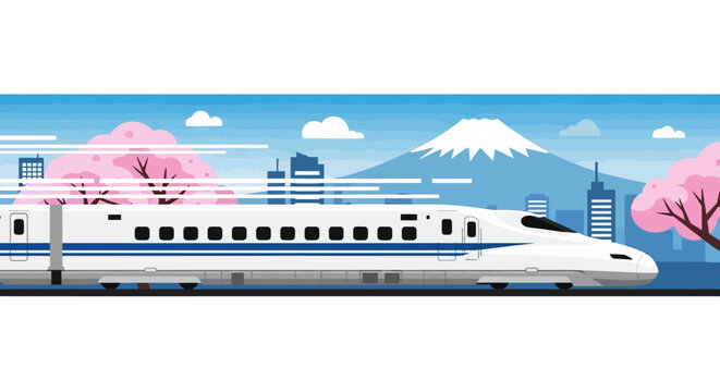 High Speed Bullet Train Moving Past Mount Fuji and Cherry Blossoms
