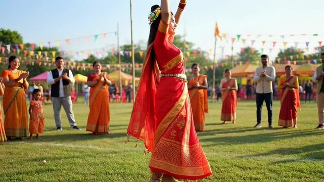 Elegant Bihu Dancer in Traditional Attire Performing Joyfully at Cultural Festival Outdoors