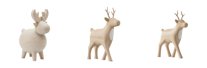 Set and collection of minimalist wooden reindeer and moose figurines scandinavian christmas decoration isolated on white transparent png background © Homelander