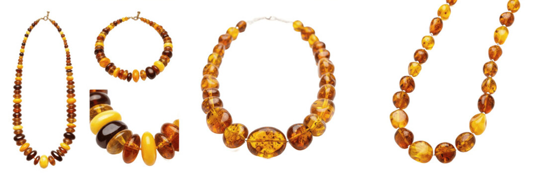 Set and collection of luxury authentic baltic amber necklaces and honey stone beads jewelry isolated on white transparent png background