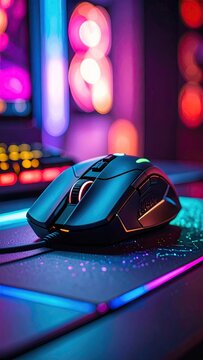Ergonomic gaming mouse on RGB mousepad with neon lighting setup providing enhanced control and precision for competitive online games
