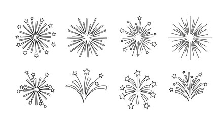 Obraz premium A graphic illustration of eight fireworks burst designs in black lines on a white background, featuring various explosion styles with lines and dots.