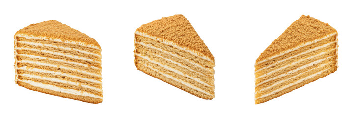 Fototapeta premium Set and collection of honey cake slices, layered Medovik pastry portions, Russian traditional dessert pieces with cream isolated on white transparent PNG background