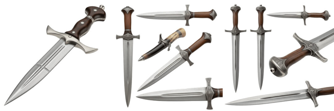 Set and collection of medieval daggers and antique steel knight swords isolated on white transparent png background