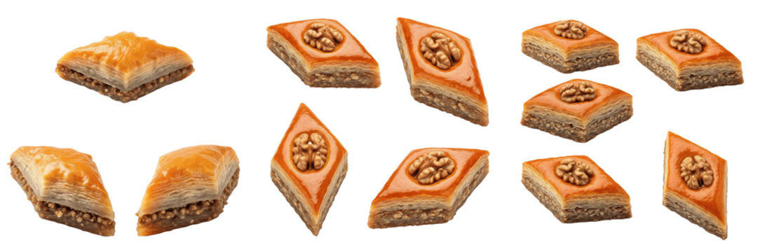 Set and collection of traditional turkish baklava and azerbaijan paxlava sweets with walnuts isolated on white transparent png background