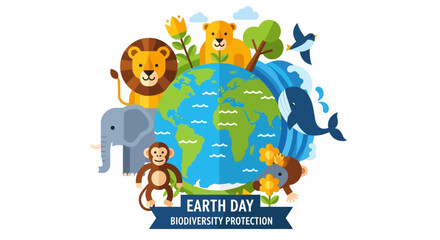 Obraz premium Colorful Earth Day cartoon featuring animals around a globe.