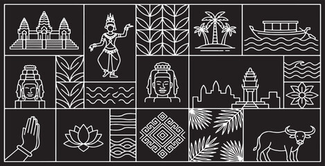 Collection of Cambodian cultural icons and symbols in a geometric grid pattern on a black background. © Riki