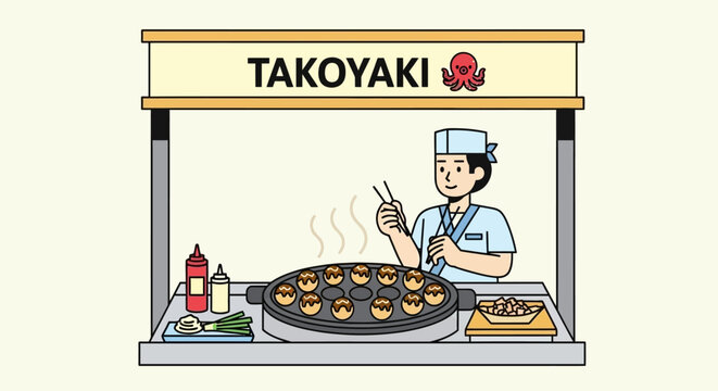 Japanese Takoyaki Street Food Stall with Chef Cooking Octopus Balls