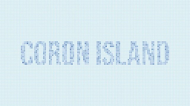 Coron Island dotted map animation. Digital style shape of Coron Island with title. Blue dots appear with flickering effect. Philippines. Modern Intro, outro, title, logo video.