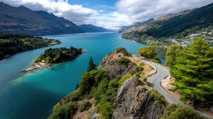 Obraz premium Stunning Aerial View of Serene Lake Surrounded by Majestic Mountains and Lush Greenery under a Bright Blue Sky in Queenstown Landscape