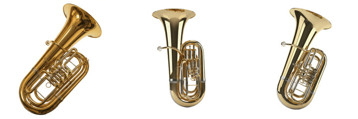 Obraz premium Professional Tuba Brass Musical Instrument Isolated on White Background, Triple Angle View of Large Golden Orchestral Bass Instrument for Professional Musicians and Symphony Assets