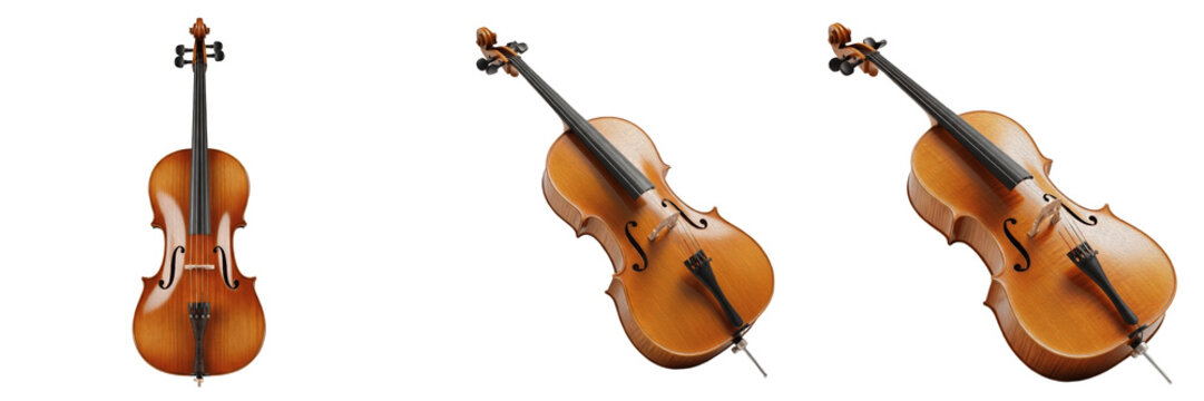 Professional Wooden Cello Stringed Musical Instrument Isolated on White Background, Triple Angle View of Classic Brown Cello with Tailpin and F-Holes for Orchestral Performance Assets