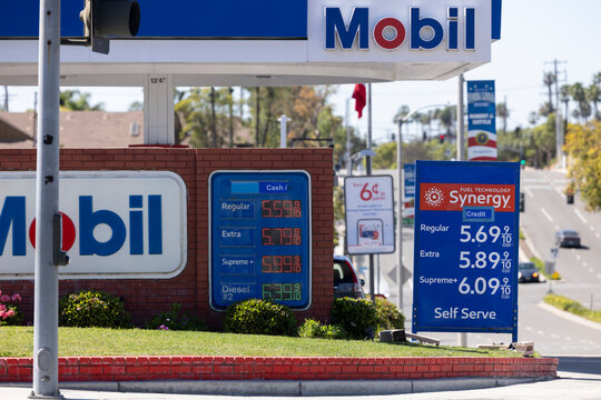 Yorba Linda, California, USA - March 12, 2026: A Mobil gas station displays gas prices.