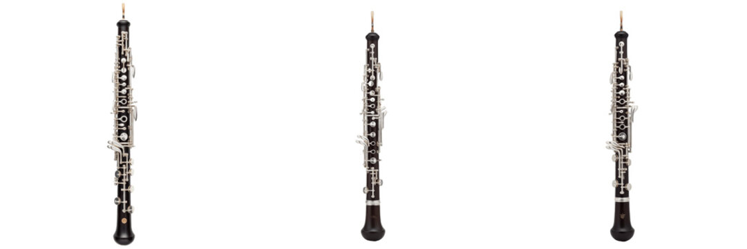 Professional Oboe Woodwind Musical Instrument Isolated on White Background, Triple Angle View of Classic Black Wood Oboe with Silver Keys for Orchestral and Solo Performance Assets