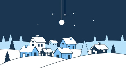 Fototapeta premium Minimalist Winter Village Illustration with Snowy Houses and Night Sky