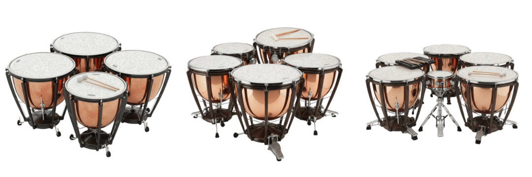 Professional Timpani Drum Collection in Triple Angle View, Orchestral Copper Kettle Drum Set for Classical Performance Isolated on White Background High Quality Realistic 3D Render