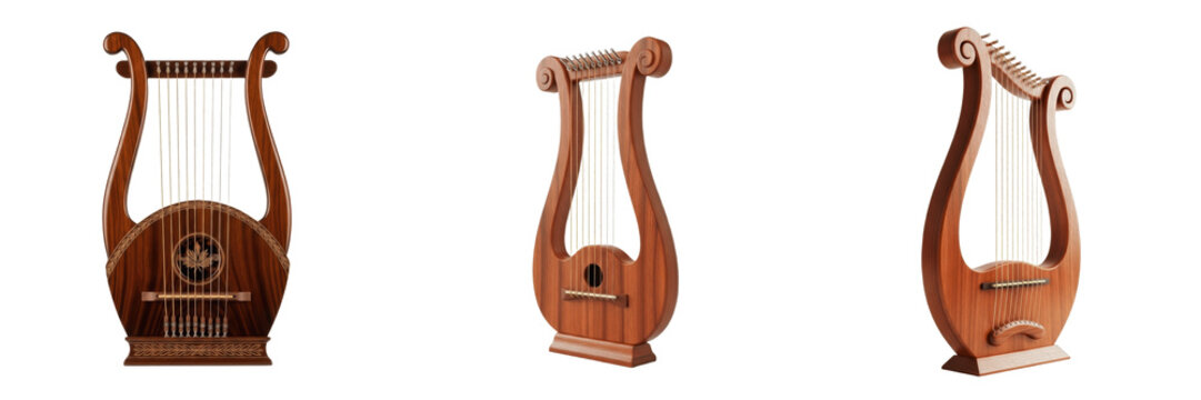 Ancient Greek Lyre Musical Instrument Collection in Triple Angle View, Traditional Wooden Stringed Harp Set for Classical Performance Isolated on White Background Realistic 3D Render