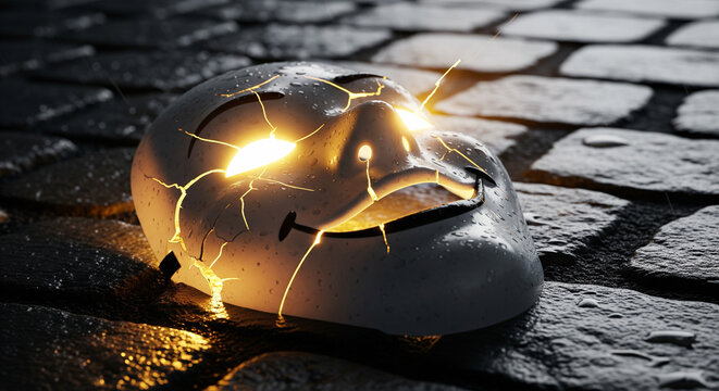 A cracked smiley mask on dark wet stone spilling brilliant golden light, a metaphor for dropping the facade and revealing true inner brilliance.