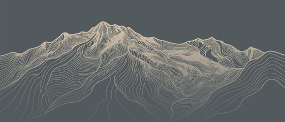 Abstract topographic map of a mountain range rendered with flowing contour lines on a dark background. © Riki