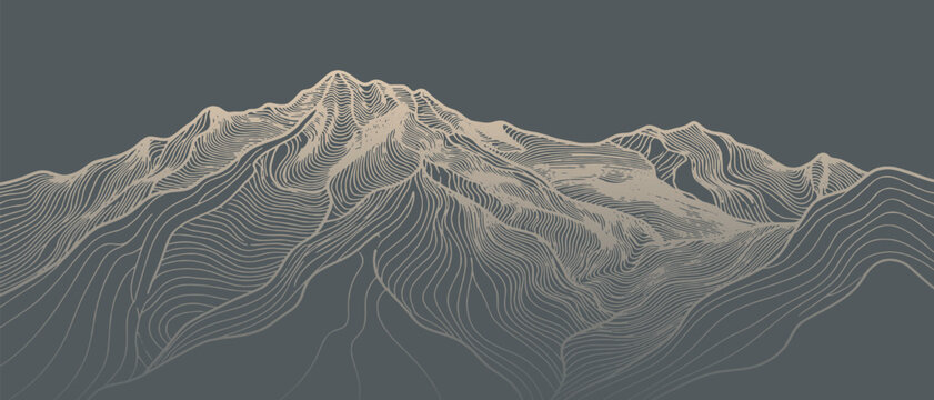 Abstract topographic map of a mountain range rendered with flowing contour lines on a dark background.