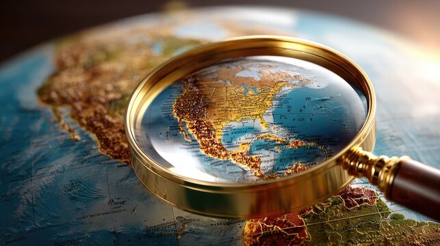 Magnifying Glass Focused on North America on Globe, Highlighting Geography and Exploration Concepts for Educational and Creative Uses
