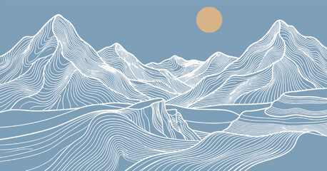 Stylized abstract mountain range with a sun in a clear blue sky, depicted with flowing white lines. © Riki