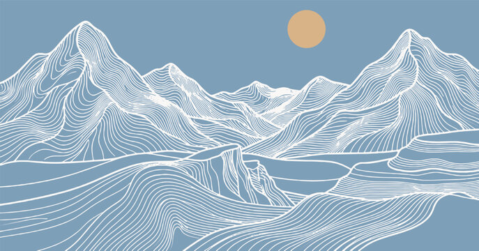 Stylized abstract mountain range with a sun in a clear blue sky, depicted with flowing white lines.