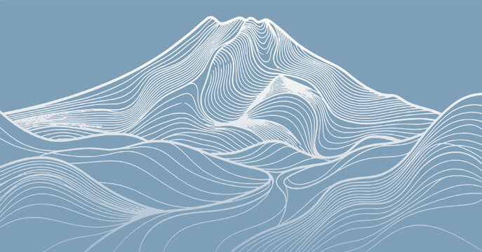 Abstract illustration of Mount Fuji with flowing lines and waves in a minimalist blue and white color scheme.