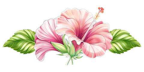Obraz premium Tropical hibiscus floral arrangement, watercolor border ornament