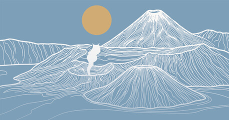 Stylized illustration of a volcanic landscape with multiple craters and a smoking volcano under a large sun. © Riki