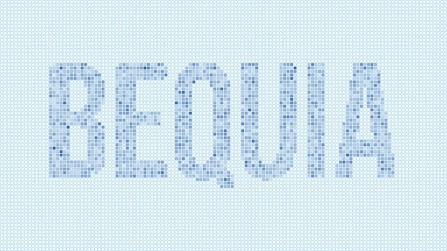 Bequia dotted map animation. Digital style shape of the island. Bequia shape and title blue dots appear with flickering effect. St. Vincent. Creative Intro, outro, title, logo video.