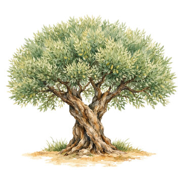 A watercolor illustration of an olive tree for Mediterranean landscape designs, botanical illustrations, natural farming graphics, and rustic garden decor.