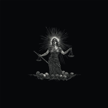 Vintage style illustration of Lady Justice holding scales and a sword standing on a pile of skulls with a sunburst background.