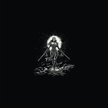 Vintage style illustration of Lady Justice holding scales and a sword standing on a pile of skulls with a sunburst background.
