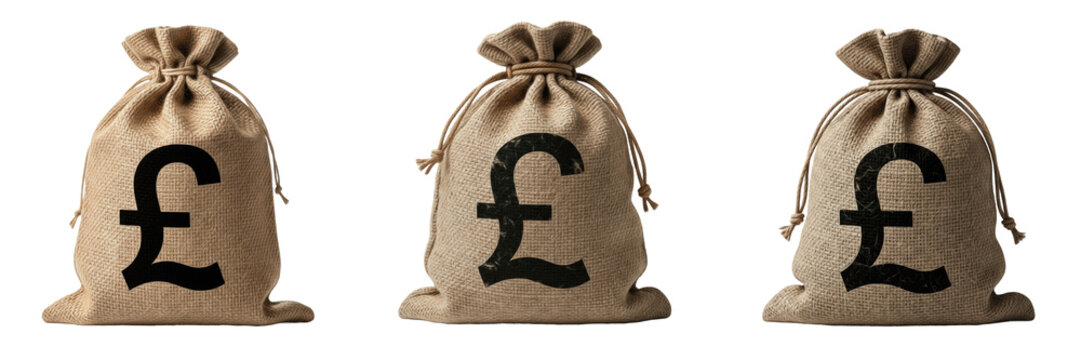 British Pound Sterling Currency Symbol GBP on Burlap Money Bags Isolated on White Background, United Kingdom Cash Sacks for Finance, Banking, Investment, Economy, Wealth 3D Illustration