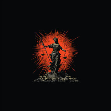 Vintage style illustration of Lady Justice holding scales and a sword standing on a pile of skulls with a sunburst background.