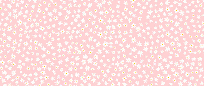 Small white flower seamless pattern on pink background. Cute hand drawn ditzy floral repeated wallpaper. Vector romantic blossom motif for textile print, fabric swatch, dress ornament, wrapping paper