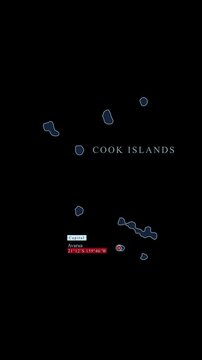 Vertical format infographic map of Cook Islands showing capital city Avarua and GPS coordinates