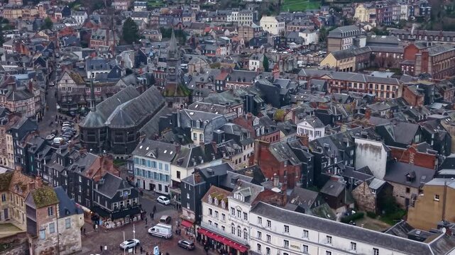 Timber-framed half-timbered roofs surrounding &Eacute;glise Sainte-Catherine wooden church, Place Sainte-Catherine, Honfleur commune, Lisieux arrondissement, Calvados department, Normandy France, aerial shot