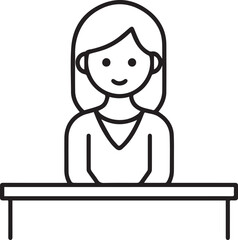 Obraz premium Hand Drawn Woman Sitting at Desk Black and White Avatar Illustration in Minimal Line Art Style Design