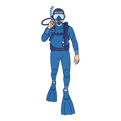 Scuba Diver in Blue Wetsuit with Snorkel and Fins Ready for Underwater Exploration