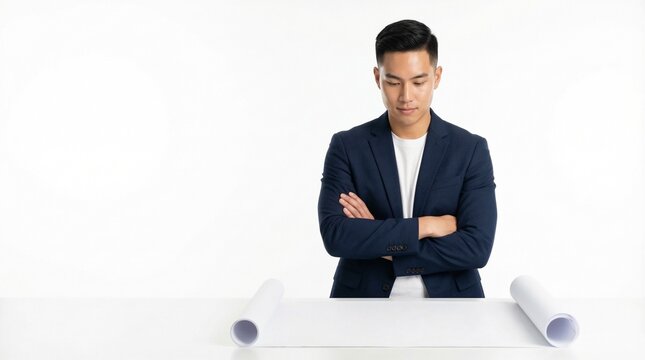 Confident Asian Male Architect with Crossed Arms Examining Blank Blueprint Mockup Isolated on Pure White